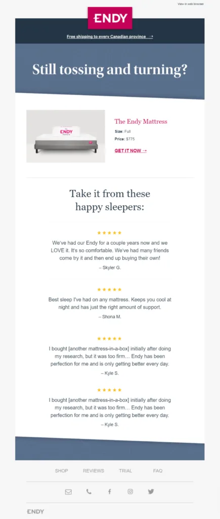 Abandoned cart email from Endy