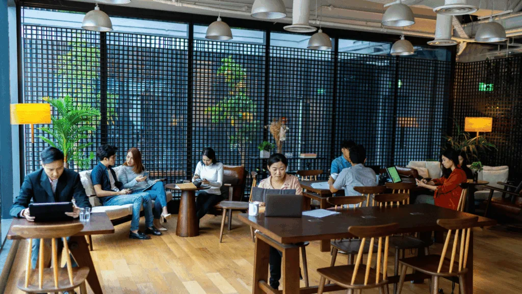 Contingent workers from a coffee shop or workspace