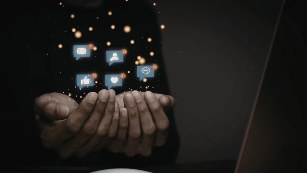 Customer representative hands juggling icons of multiple channels