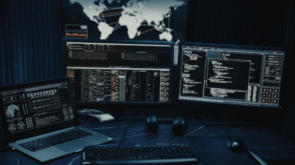 Computer screens showing security checks and status updates