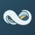 Abstract light-blue infinity loop with gold accents on a dark blue gradient background on a logo-like image.